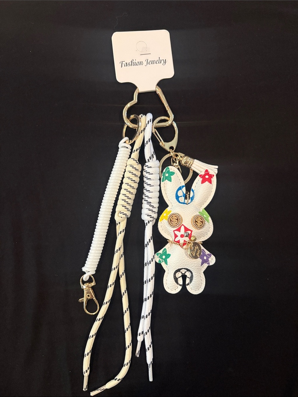 White Multicolor Bunny Keychain Charm with Tassel Straps - Fashion Jewelry